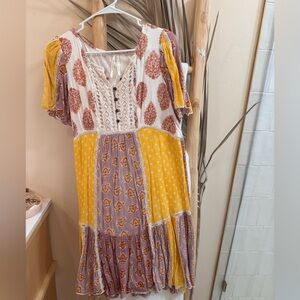 Anthropologie Patchwork Mini Dress in Mustard Yellow & Lavender